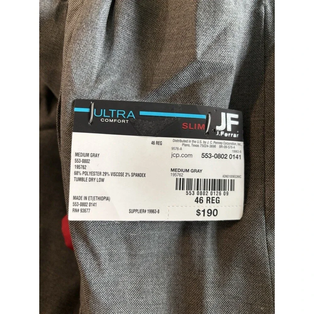 J Ferrar Suit Jacket Mens 46 Reg Slim Fit Grey Ultra Comfort Stretch $190 NWT